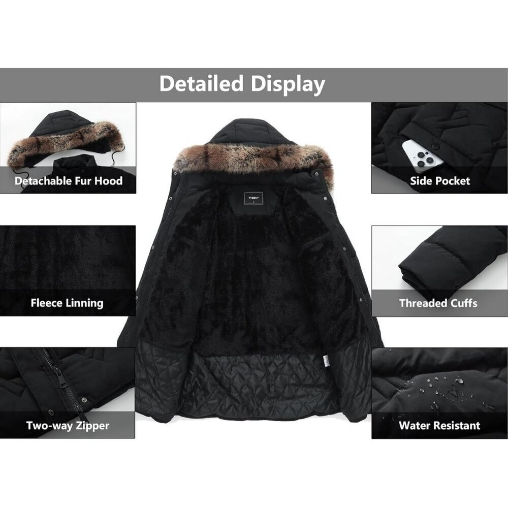 "Women's Black Waterproof Winter Coat, Long Insulated Parka with Detachable Hood - Picture 3 of 7